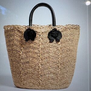 Pamela Munson Straw Woven Tote with Croc Embossed Calfskin Black Handles